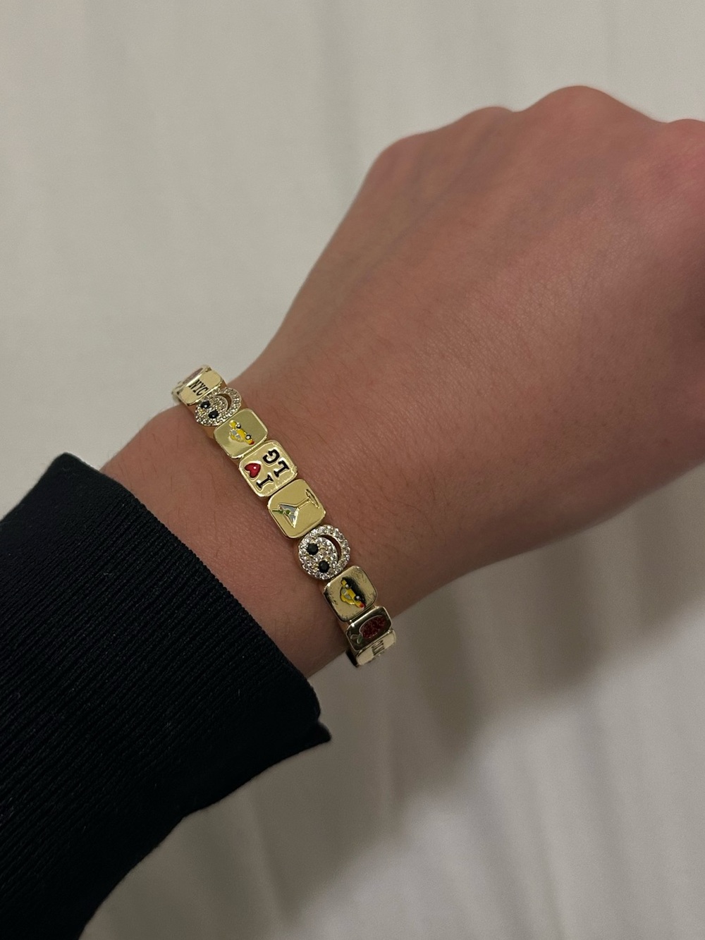 Gold Tone Enamel & Crystal Square Charm Bracelet - Yellow Accents